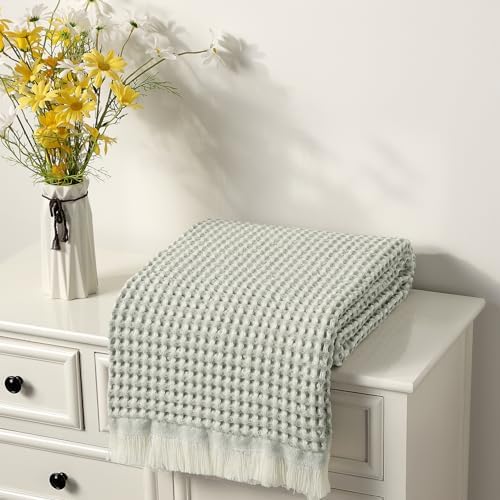 CREVENT Farmhouse Boho Knitted Throw Blanket for Couch Sofa Chair Bed Home Decoration, Soft Warm Cozy Light Weight for Spring Summer Fall (50''X60'' Waffle Green)