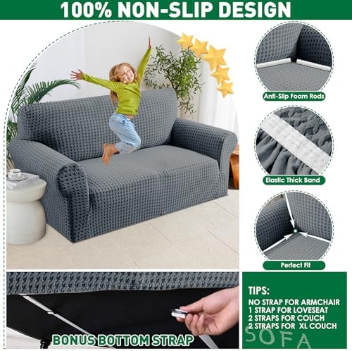 MAXIJIN Stretch Couch Cover Sofa Covers for 3 Cushion Couch (71"-91" Washable Sofa Slipcovers with Non-Slip Foam & Elastic Strap, Dog Cat Pet Friendly Furniture Protector (Large, Dark Gray)