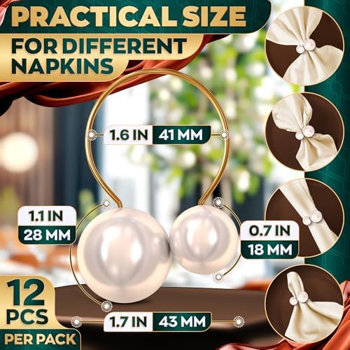 Pearl Napkin Rings Set of 12, Gold Metal Holders for Dining Tables