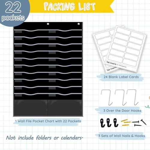 22 Pockets Hanging Wall File Organizer for Legal/ Letter Size Paper, Over the Door Organizer, 31¾" x 45½" Pocket Chart for Classroom, Office, Warehouse, Home Use with 24 Name Tags & 6 Hooks