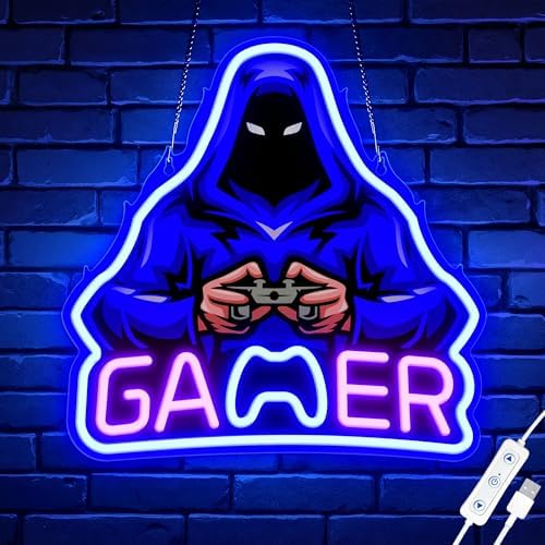 Gamer Neon Signs for Wall Decor, UV Printed Gaming Neon Light for Boys Bedroom Room, Video Game Wall Lamp, Gamer Gifts for Teen Boys Kids Men, Christmas Birthday Party Decoration