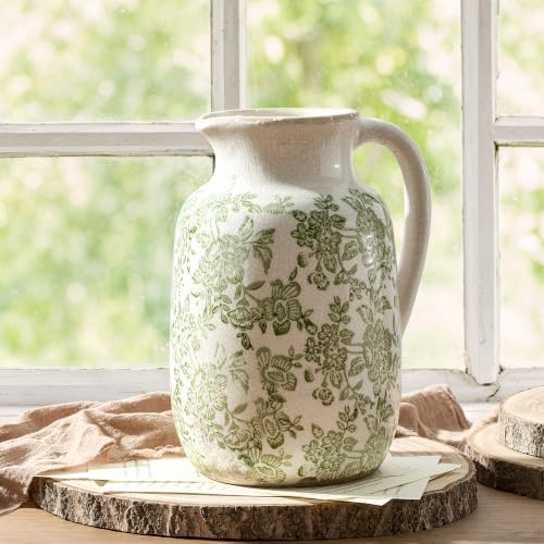 Ceramic Vintage Vase Flower Decorative Vase Chinoiserie Decor Rustic Farmhouse Retro Floral Vases for Table Bookshelf Mantel Kitchen Living Room Office - 9.5" Green