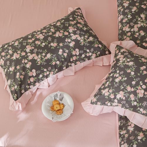 Vintage Floral Coquette Duvet Cover King, 3 Piece Blush Rose Cottagecore Flower Duvet Cover Romantic Ruffle Lace Bedding Set, 100% Cotton Chic Aesthetic Botanical Comforter Cover for Girls Women