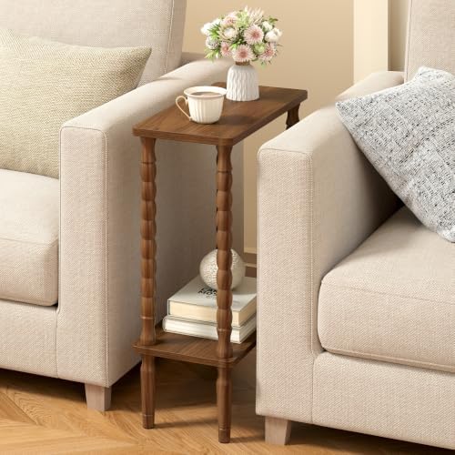 TUTOTAK Narrow Side Table with Solid Wood Legs, 2-Tier Small End Table