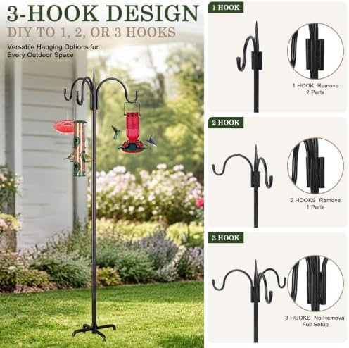 FEED GARDEN Heavy Duty Shepherds Hook 76" Triple Hooks - Metal 5-Prong Base, Adjustable (44/60/76") - 17lb Capacity Bird Feeder Pole for Hanging Plants, Solar Lanterns, Wind Chimes, 1 Pack