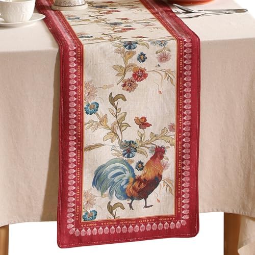 patdrea Designer Farmhouse Linen Extra Long Table Runner,Rustic Cottage Mauve with Rooster and Floral Pattern Fabric Table Mat,Decoration for Kitchen Dining Christmas New Year Banquet, 12"*118"