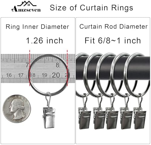 40 Pack Metal Curtain Rings with Clips, 1.26 in ID, Silver