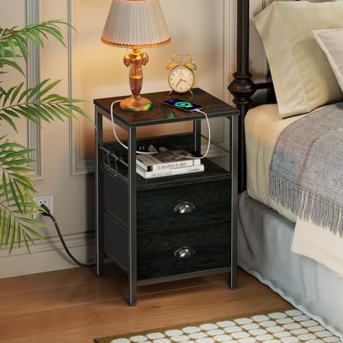 Furologee Nightstand with Charging Station for Bedroom, 2 Fabric Drawers