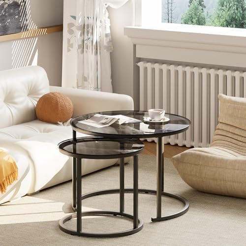 aboxoo Nesting Coffee Table Grey Glass Table Set of 2, Small Round Glass Nesting Tables for Living Room Bedroom, Accent Tea Table with Metal Frame Modern Industrial Simple