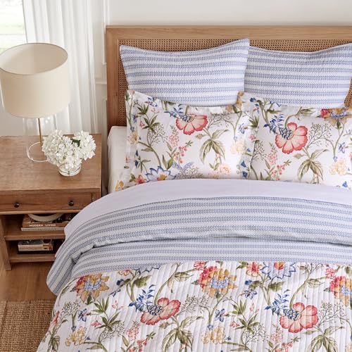 Levtex Home - Maileen Comforter Set - Full/Queen Comforter (90x94in.) and 2 Standard Shams (20x26in.) - Floral - Blue Coral Green White - Reversible - Cotton