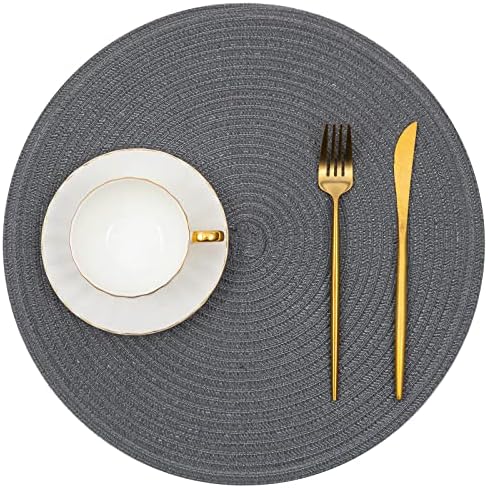 SHACOS Round Placemats Set of 6 Washable 15 inch Round Table Mats Cotton Polyester Woven Braided Place Mats for Dining Table (Charcoal Gray, 6)