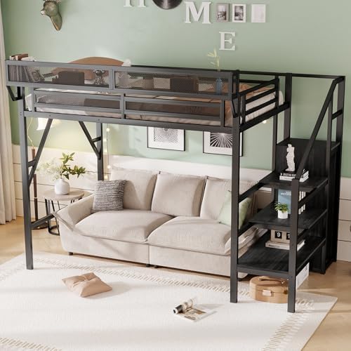 Twin XL Size Metal Loft Bed Frame with Convertible Staircase & Built-in Storage Shelves & Wardrobe, Loft Bed with Slats & Guardrail, No Box Spring Required, Easy Assembly, for Bedroom, Black