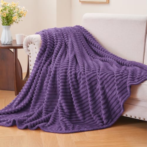 BEDELITE Ribbed Jacquard Purple Fleece Throw Blanket for Couch, 50x60 Inch