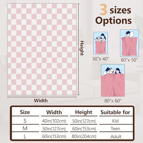 Throw Blanket for Couch,Pink White Checkered Plush Fall Throw,Princess Girls Soft Fluffy Blanket for Sofa Decoration,Flannel Fleece Blanket for Naps,Reading,Traveling,Camping,50 X 60 Inch