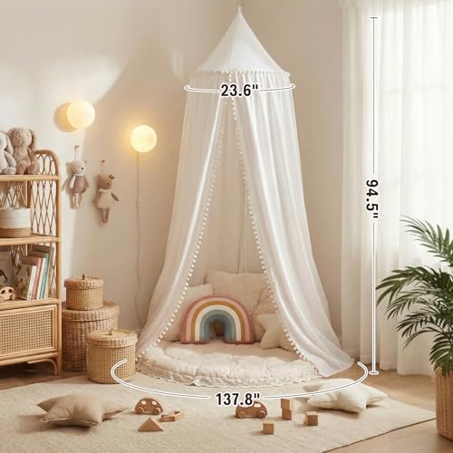 LOAOL Bed Canopy with Pom Pom Kids Reading Nook Hanging Tent (White)