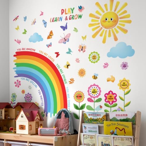 Rainbow Sun Wall Decals for Kids, Play Learn & Grow Inspirational Quotes, Butterfly Flower Wall Stickers, Removable Peel and Stick Nursery Decor for Toddler Bedroom Playroom Classroom (Rainbow Sun)