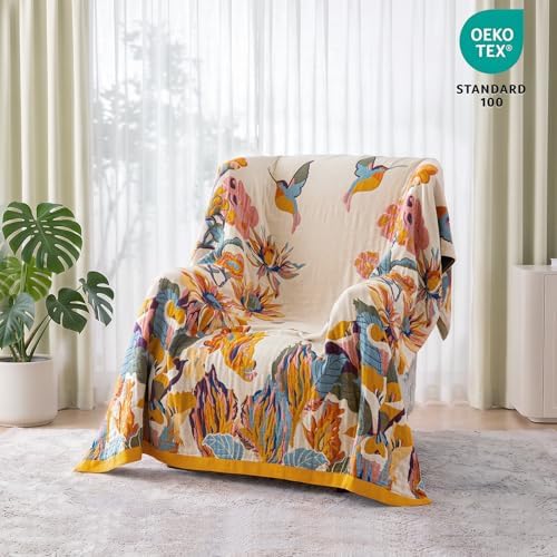 MSGKV Boho Throw Blanket 80"x90" 100% Cotton Muslin Floral Blanket for Bed