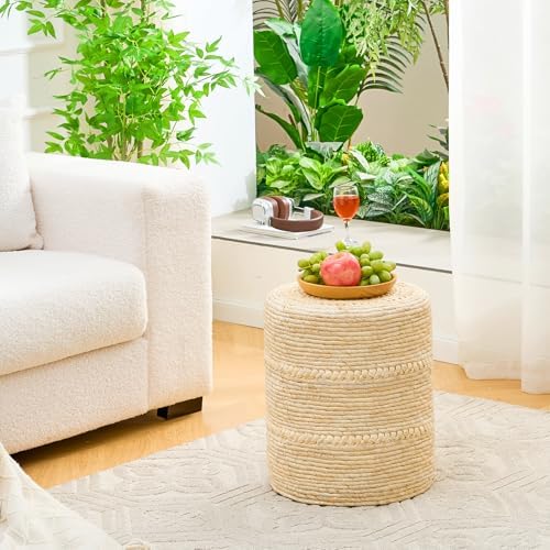 14" Natural Beige Corn Footstool Handwoven Round Pouf Ottomans Accent Seat