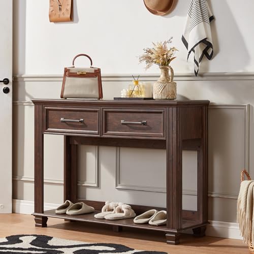 SAVOR LIFE 46" Farmhouse Console Table with Drawers, Walnut Entryway Table