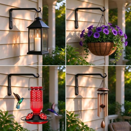FEED GARDEN Wall Hooks for Hanging Plants 10 Inch - 2 Pack Heavy Duty Metal Plant Brackets, Holds 48 lbs, Rust Resistant Black L-Shape Hooks for Bird Feeders Baskets Lantern Wind Chimes Outdoor Indoor