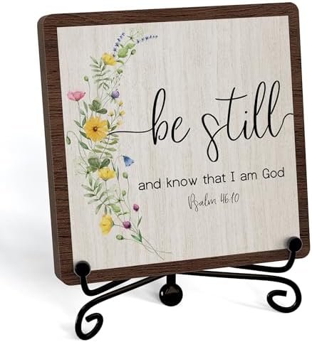 Inspirational Christian Desk Decor, Be Still And Know That I Am God Rutsic Sign, Desk Decorations For Office Home Living Room Bathroom, Eucalyptus Shelf Decor, Wooden Plaque With Stand (04)