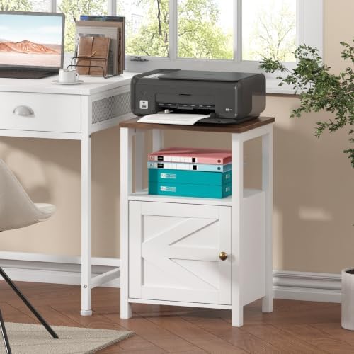 Nightstand Charging Station Barn Door & Bedside Table Storage White 2 Set