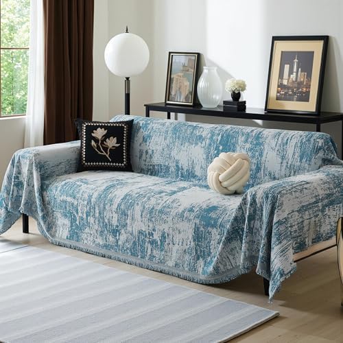 MEETSKY Blue Couch Cover Sectional Sofa Covers Washable Chenille Geometric Abstract Geometric Couch Covers for 2 Cushion Sofa Slipcover Multi-Use Durable Couch Throw Cover for Dogs Pets, 71" x 118"