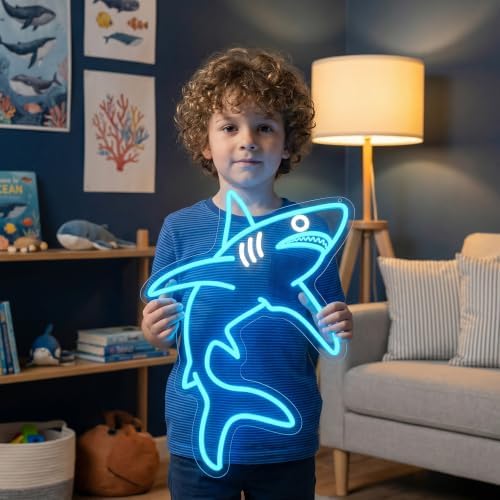 Shark Neon Sign, Dimmable LED Wall Light for Bedroom, Boys Room or Man Cave, Shark Wall Decor Night Light, Ocean-Themed Birthday or Christmas Gift