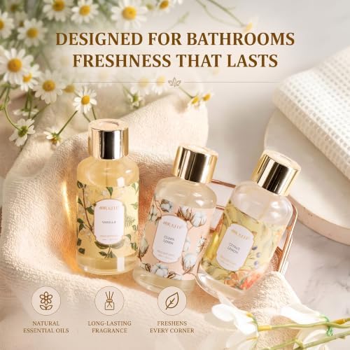 Airkeep Reed Diffuser Set, 3 Pack Clean Linen Vanilla Citrus Lemon Fragrance Oils for Home, Long Lasting Aroma with Reed Sticks for Bedroom, Bathroom, Living Room & Office