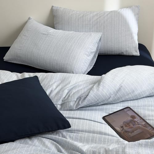 Cottagecore Light Blue Striped Duvet Cover Queen Textured Bedding Set 3Pcs