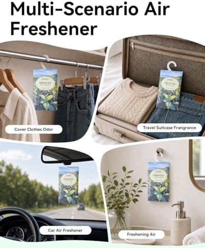 MYARO 12Pcs Green Tea Sachets Hanging Car Air Freshener, Closet Deodorizer