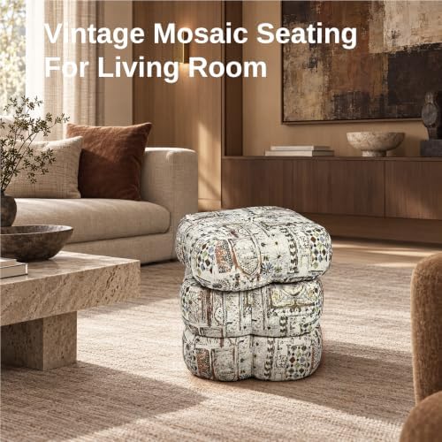 Get Set Style 360° Swivel Flower Ottoman, Vintages Vanity Stool Footrest with 300LBS Capacity, No Assembly Small Space Accent Chair for Living Room Bedroom Entryway (Neutral Vintage Mosaic)