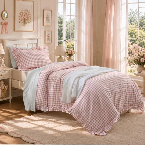 Bedsure Gingham Ruffle Duvet Cover Set, Twin, Cotton-Like Quilt Cover, Pink