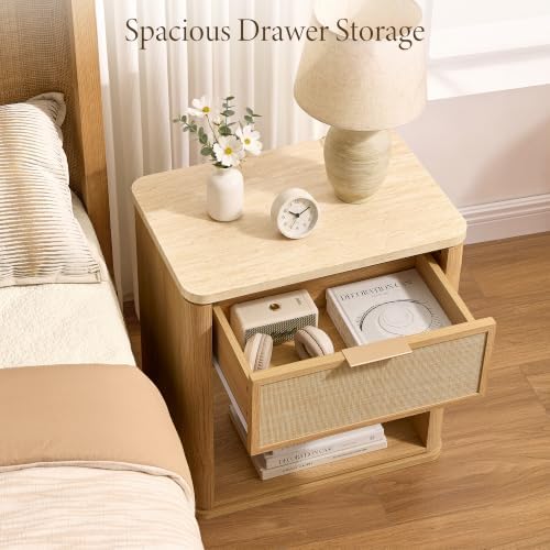 Night Stand Set of 2, Rattan Nightstand with 1 Drawer&Open Shelf