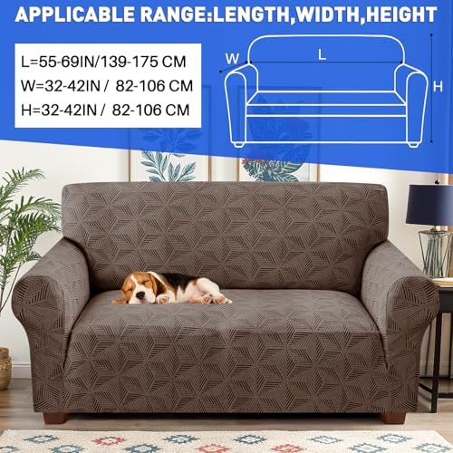 YEMYHOM 1 Piece Stretch Couch Covers for 2 Cushion Couch, Jacquard Loveseat Cover with Non-Slip Elastic Bottom, Thickened Slipcover Furniture Protector for Dogs Pets (Medium, Brown）