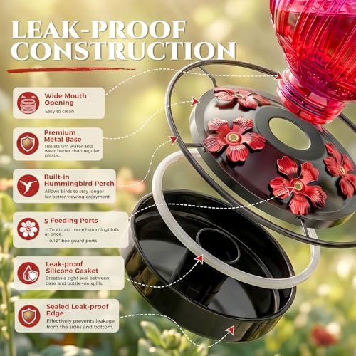 Glass Hummingbird Feeder for Outdoors Hanging, 26 fl oz Bird Nectar Feeder