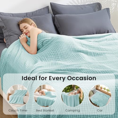 Love's cabin 100% Cotton Muslin Blanket Twin Size for Bed, Cyan