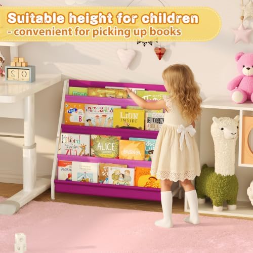 Aokitsink Kids Bookshelf for Kids Rooms, 4-Tier Montessori Bookshelf,Nursery Book Shelves,Pink Toddler Bookshelf, Metal Kid's Book Storage Organizer for Girls Room Furniture Playroom Kindergarten