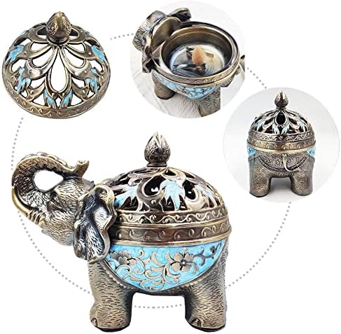 Hourwof Metal Elephant Incense Holder,Vintage Cone Coil Incense Burner with Lid,Ash Catcher,Aromatherapy Ornament Home Office Decor (Purple)