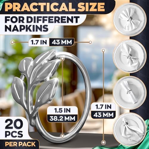 Silver Napkin Rings Set of 20, Decorative Leaf Design Metal Holders