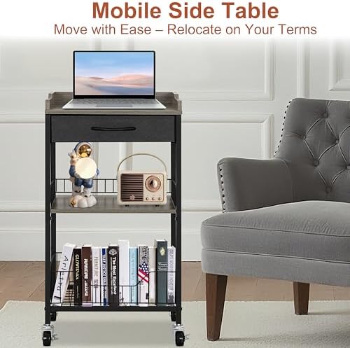 Tall Side Table, Narrow Side Table with Wheels, Black & Grey