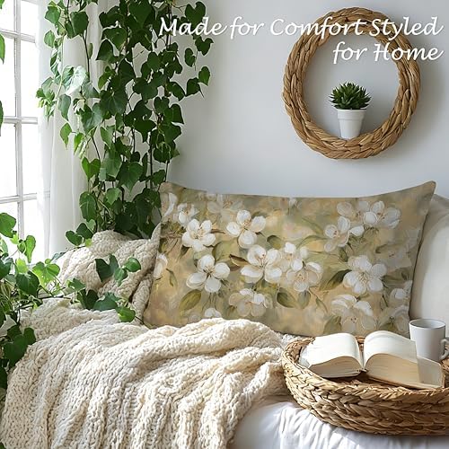 Neutral Vintage White Blossom Floral Pillow Cover 12x20, Rustic Beige Cottagecore Botanical White Flower Decorative Lumbar Pillow Cover for Couch Bed Living Room Bedroom