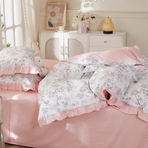 Pink Floral Duvet Cover Set 100% Cotton Twin(68"x86"),Ruffled Rose