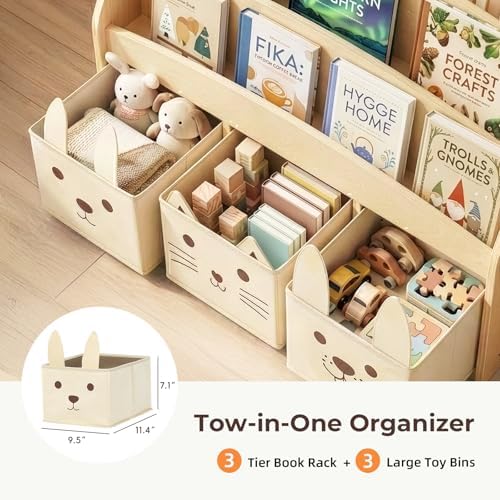 OOOK Kids Wooden Bookshelf with 3 Storage Box, 3-Tier Montessori Bookshelf