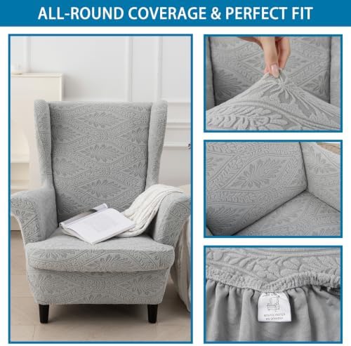 HZDHCLH Wingback Chair Slipcovers 2 Piece Stretch Spandex Chair Covers Washable Armchair Protector with Elastic Fit for Living Room Bedroom Light Gray Embossed Leaf Pattern