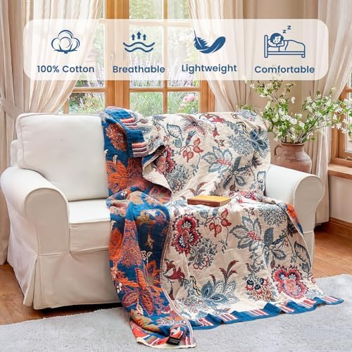 MSGKV Boho Throw Blanket 60"x80" 100% Cotton Farmhouse Floral Blanket