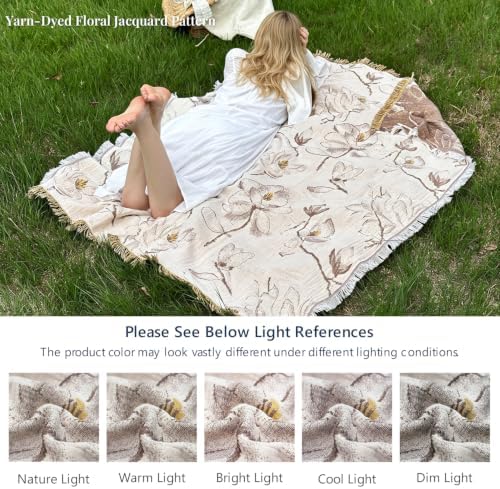 Simple&Opulence Cotton Muslin Blanket Queen Size 90"x90", Reversible Yarn-Dyed Vintage Khaki Floral Jacquard, 3-Layer Gauze with Tassels, Soft Lightweight Breathable All-Season Bedspread for Bed Couch