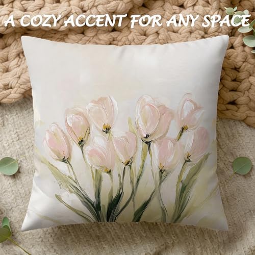 Vintage Pastel Tulip Floral Lumbar Pillow Cover 18x18 Double-Sided, Farmhouse Spring Decor, Abstract Floral Botanical Decorative Throw Pillow Cover for Living Room Home Bedroom