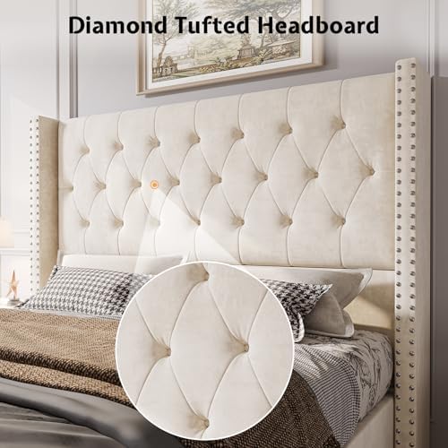 Jocisland King Size Bed Frame with Headboard, 49.2" Velvet Tufted, Cream