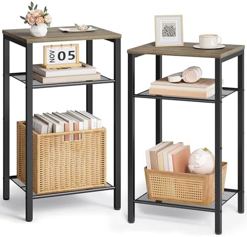 Hoctieon 2-Set 3 Tier End Table, Telephone Table Set of 2, Tall Side Table with Storage Set of 2, Small Nightstand for Small Spaces, Metal Frame, for Living Room, Bedroom, Sofa Couch, Hallway, Greige